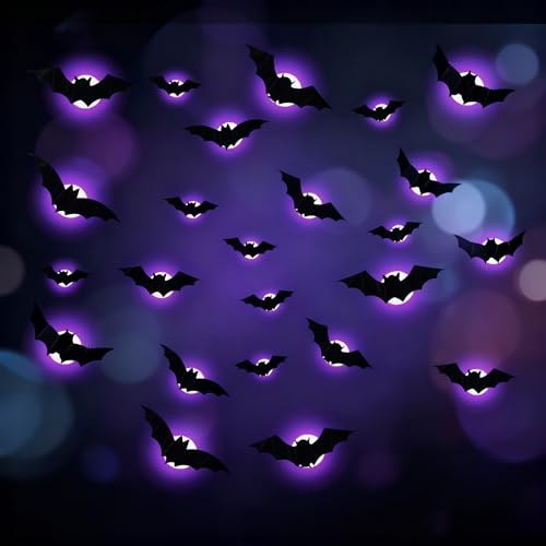 Behogan Halloween Fledermaus Deko: 24 Stück PVC 3D Fledermaus Deko, LED Fledermaus Deko Wandaufkleber, Halloween Wandaufkleber, LED Lichtdeko für Innen und Außen, Deko-Set für Party und Fenster