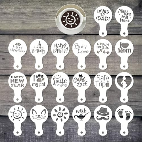 COYUN 20 Stück Kaffeeschablonen Cappuccino Barista Schablonen Kakao Dekorations Schablone Kaffeezubehör DIY (PET, Temperaturbereich: -40℃ ~ 230℃)