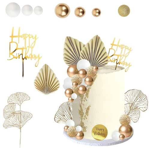 Ball Cake Topper Decorations, 29 Pcs Boho Cake Topper, Balls Cakes Toppers and Leaves Decoration Set Balls Palm Leaves Bohemian Cakes Toppers for Birthday Wedding Shower Party Decoration