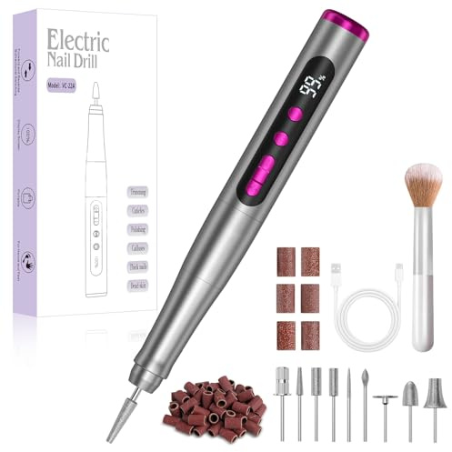 AOMEES Cordless Electric Nail Drill with 9 Drill Bits, 35000 RPM | Rechargeable Professional Manicure Pedicure Kit, LCD Display, 5 Speeds Nail File Set for Acrylic & Gel Nails, Home & Salon