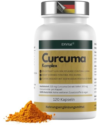 EXVital® Curcuma Komplex – 315mg Curcuma Extrakt pro Kapsel, 95% Extrakt mit hohem Anteil an Curcumin, entspricht 10.000mg Kurkuma – Hochdosiert & ohne Zusätze, 120 Kapseln