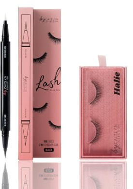 By Caitlyn 2-in-1 Lash Glue Eyeliner Pen (Black Shade) & Luxury Vegan Lashes (Halie Style) Bundle