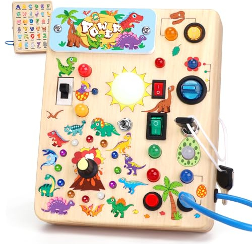 Konijiwa Dinosaurio Busy Board Montessori Juguete a partir de 1 año, juguete de madera con 10 interruptores y 23 luces LED, juguete sensorial educativo para niños de 1 a 3 años