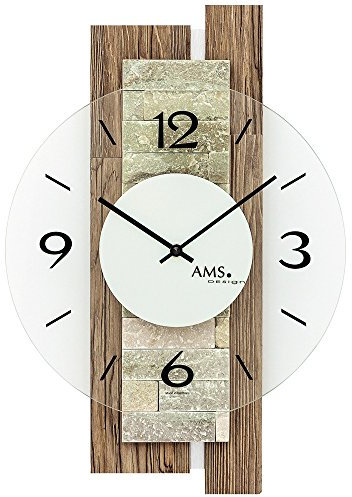 AMS Quarz-Wanduhr analog aus Holz (nussbaumfarben) Naturstein und Glas: Designer Wohnzimmeruhr, moderne Optik