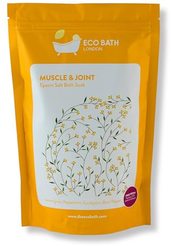 Eco Bath London Muscle & Joint Epsom Salt Bath Soak - Pouch 1kg, Magnesium Bath Salts Infused with Lemongrass, Peppermint, Eucalyptus, and Black Pepper Essential Oils,Bath Salt for Recovery