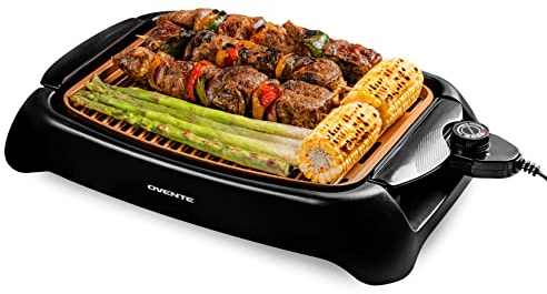 OVENTE Electric Indoor Grill with 13x10 Inch Non-Stick Cooking Surface, 1000W Fast Heat Up Power, Adjustable Temperature, Removable and Dishwasher Safe Grilling Plate and Drip Tray, Copper GD1632NLCO
