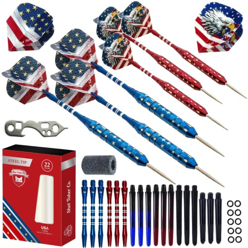 Dart-Set mit Stahlspitze, professionelle Dartpfeile mit Stahlspitze für Dartscheibe, inklusive Messing-Barrels, Kunststoff- und Aluminium-Schäfte, Gummi-O-Ringe, Flights, Dartschärfer und