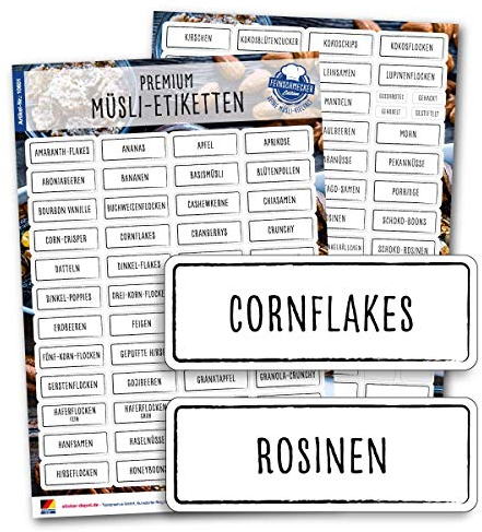 105 Müsli Aufkleber - eckig - schwarz/weiß - Haushaltsetiketten zum Beschriften von Vorratsdosen, Vorratsgläser, Dosen und Schütten (schwarz/weiß)