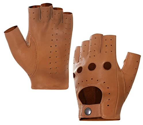 Harssidanzar Herren Fingerless Half Finger Leder Fahrhandschuhe Lammfell Ungefüttert Upgrade GM032EU, Bräunen,Größe XL