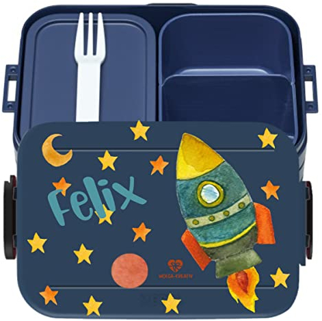 Personalisierte Mepal Brotdose Kinder mit Fächern - Rakete Motiv Lunchbox für Schule und Kindergarten - Hochwertige Brotdose Kinder mit Namen für Mädchen und Jungen