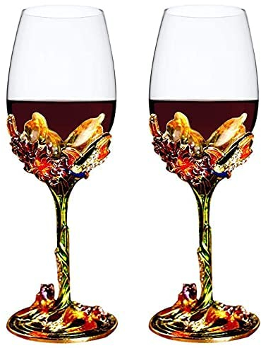 XUDREZ Red/White Wine Glass, Handmade Painted Enamel Flower Gin Wine Glass Long Stem Lead Free Crystal Wine Glasses, Ideal Gifts for Women Mum Friends Mothers Day (Green (Set of 2))