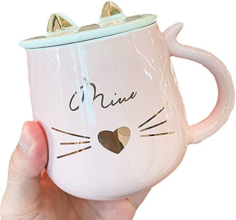 Unicorn Mug with Lid Spoon 3D Cute Ceramic Coffee Tea Cup Couple Mug Set Birthday Gift for Women Friend Lovers (cat smile, 430 ml)