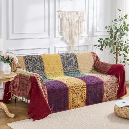 DECMAY Chenille Jacquard Boho Überwurf Decke mit Quasten, Überwurf für 2-, 3-, 4-Sitzer-Sofa, Tartan-Decken und Überwürfe für Tagesdecken, Sessel, Möbel, Bettüberwurf (Rot Blau, 150 x 190 cm)