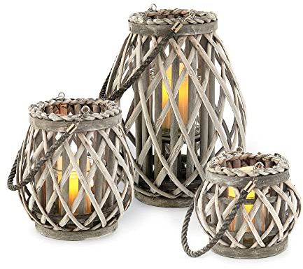 LIVIVO Set of 3 Wicker Candle Lantern Holder Basket Jar Made from Hemp Rope & Willow Twigs – Perfect for Indoor Outdoor Decorative Candle Lantern for Garden Living Room Home Office (Grey)