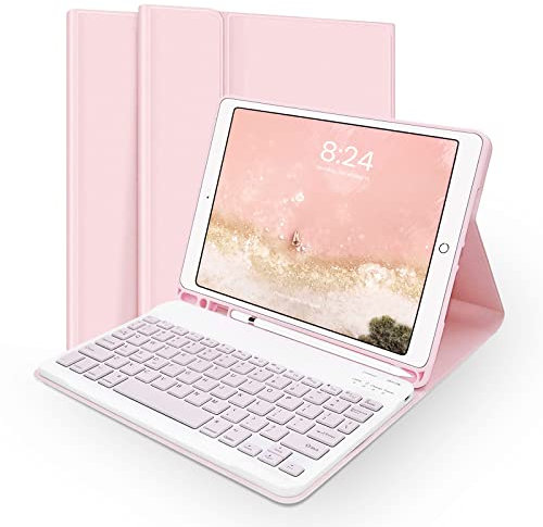 Keyboard Case for iPad 10.2 inch 9th Generation 2021/8th Gen 2020/7th Gen 2019/Air 3 2019/iPad Pro 10.5 inch – Wireless Detachable BT Slim Protective Keyboard Case Stand Cover with Pencil Holder Pink