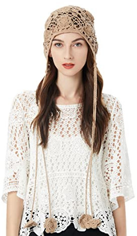 ZLYC Women Baumwolle Strickmütze Handgemacht Gehäkelter Strick Sommer Blumens Mütze(Solides Khaki)