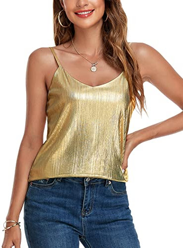 VIDUSSA Damen Funkelnde Tops Ärmellose Camisole Tank Tops Pailletten V-Ausschnitt Oberteile Shirt Blusen Champagner M