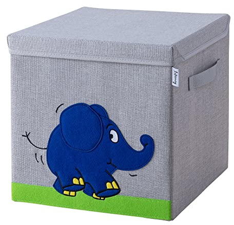 LIFENEY meets Die Maus Aufbewahrungsbox mit Deckel für Kinder – Box mit dem bekannten Elefanten zum Verstauen von Spielzeug – 33 x 33 x 33 cm passend für klassische Würfelregale