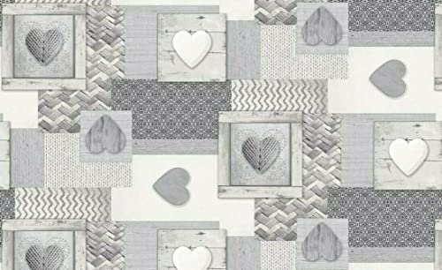 Patchwork Grey Hearts Weaved Vintage White Silver PVC Plastic Oil Vinyl Table Cloth Wipe Clean Water Resistant (120cm x 120cm Square)