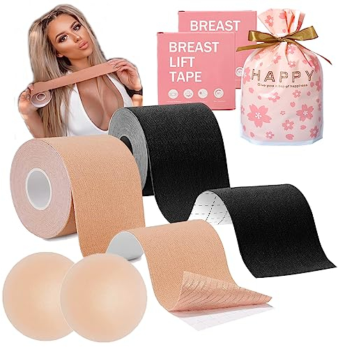 OHWHOA Breast Tape, 10M Reggiseno Invisibile Adesivo, Push up Nastro per Abito Cerimonia Donna, Abiti da Cerimonia, Nastro Reggiseno Sportivo Donna, Reggiseni Senza Ferretto, 2 Cerotti Copricapezzoli