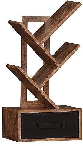 SHEEPAM Kleines Bücherregal mit Schublade, 4 Etagen, Baum-Bücherregal, Holz-Schreibtisch-Bücherregale, modern, freistehend, Desktop-Ausstellungsregale, brauner Bodenständer, Organizer, Bücherregal für