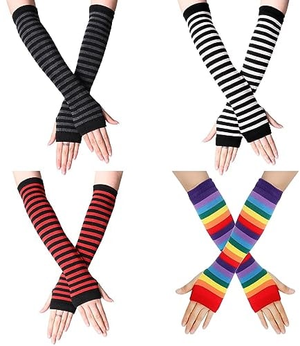 ZOCONE 4 Pairs Striped Arm Warmers Fingerless Gloves for Women, Knit Gloves Long Wrist Warmers Autumn Winter Accessories