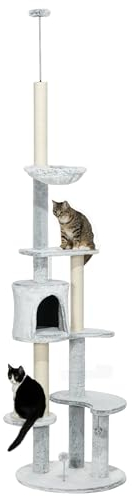 PawHut Árbol para Gatos de Suelo a Techo de 225-255 cm Torre para Gatos Ajustable en Altura con Cueva Plataformas Hamaca Postes Rascadores y Bolas Colgantes Ø60x225-255 cm Gris