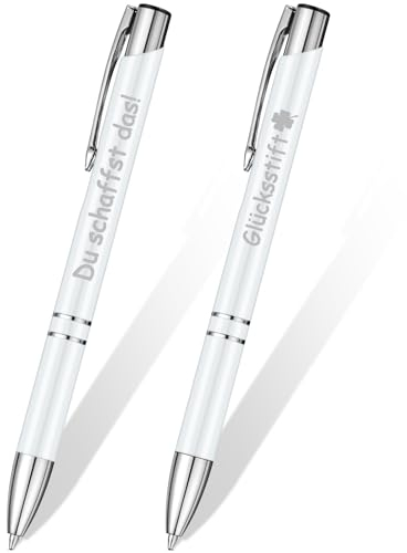 Tenare 2 Stück Inspirierende Einziehbare Kugelschreiber Metall Glücksbringer Druckkugelschreiber mit Gravur Prüfung Du Schaffst Das Geschenke Motivierende Glücksstift für Lehrer Kollege (Weiß)