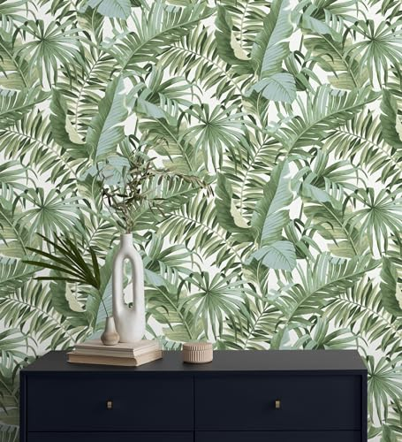 GAULAN 682357 - Tapete, Abwaschbar. Tapete mit tropischen Blättern in Grün und Weiß für Wohnzimmer Schlafzimmer Flur Esszimmer Bettkopfteil Hall Haustreppe - Rolle 10 m x 0,53 m