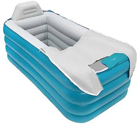 Inflatable Bathtub 160 * 94 * 64cm Thick Soaking Hot Ice Bath PVC Adult Foldable Bathtub with Electric Air Pump and Lid, Portable Standing Soaking Bath Tub for Adults Kids, Blue