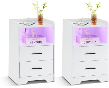CLIPOP Juego de 2 mesitas de noche con iluminación LED y enchufe, 2 cajones y función de carga, para salón o dormitorio