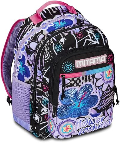 Mitama Zaino Triplo Scomparto Flower Fashion con Tasca frontale, Viola e Nero, Scuola Elementare e Tempo Libero, Bambina Ragazza