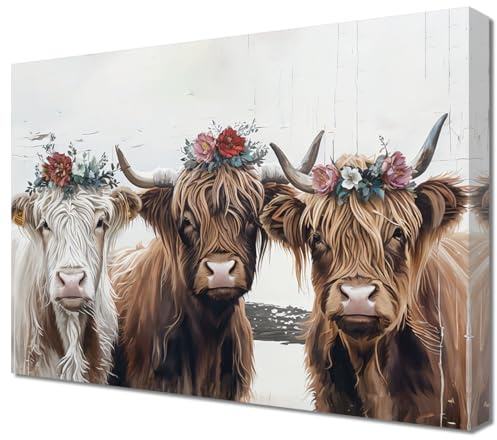 ZQQART Leinwandbild Highland Cow auf Bauernhaus Leinwand süßes Kuh Stirnband Blumen Poster lustige Kuhfreunde Bild Landrinder Tiergemälde für Küche Esszimmer Wanddekoration (Rustikale Kuh,70x105cm)