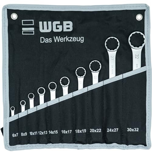 Ringschlüssel Set gerade & extra flach in Werkzeug Rolltasche | 10-teiliger Doppelringschlüssel Satz 6-32 mm | KFZ Schraubenschlüssel Set von WGB