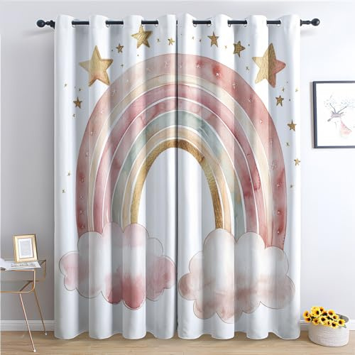 Vorhänge Regenbogen - Kinderzimmer Wolke Stern Fenster Gardinen mit Ösen, Vorhang Blickdicht Verdunklungsvorhänge Thermovorhang für Wohnzimmer Schlafzimmer Deko 2er Set, H 200 x B 140 cm G&-161