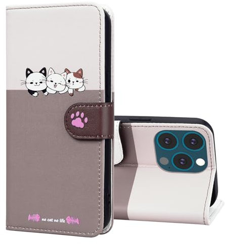 FALUWONRU per iPhone 13 Pro Carte di Credito Custodia in Pelle Cover Apple 13 Pro a libro Magnetica Custodia Custodia a Portafoglio di Cane e Gatti Cartoon per Donne,Cachi&Curry