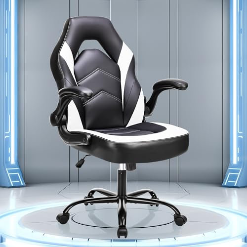 Sweetcrispy Silla de Oficina ergonómica para Videojuegos, Ajustable, giratoria, de Piel sintética, con reposabrazos Plegable, Negro Blanco, Talla única