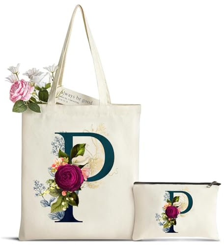Personalizadas Inicial Bolsa de Lona, Bolso Tote de Mujer con Inicial y Flores, Bolsa de Compras con Bolso de Cosméticos, Regalos para Damas Amigas Mamá, Regalo de Cumpleaños Boda Navidad P