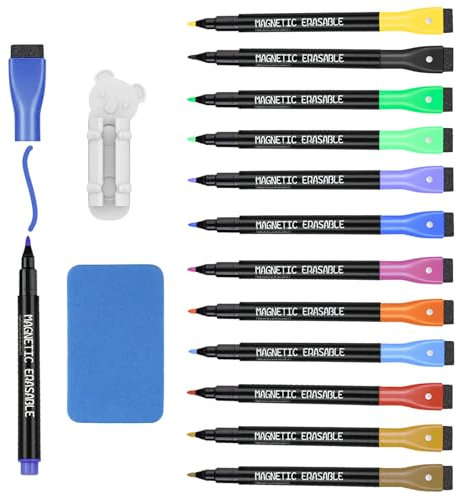 FINEASY 19 Stück Whiteboard Marker Magnetisch, Whiteboard Stifte mit Schwamm, Trocken Abwischbare Marker mit Stiftclip, Dry Erase Marker mit Feiner Spitze für Zuhause, Schule und Büro (12 Farben)