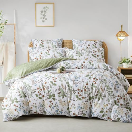 Sedefen Bettwäsche 220x240 Grün Weiß Blumenmuster Blätter Bettwäsche Set Microfaser ÖkoTex Zertifiziert & für Allergiker Geeignet,1 Bettbezug & 2 Kissenbezug 80x80 mit Reißverschluss