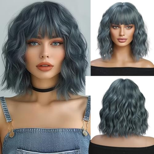 OUFEI Kurze Blau Grau Perücke mit Pony Natürliche Gewellte Perücken für Frauen Natürliche Synthetische Haare Hitzebeständige Perücken für Tägliche Party Cosplay Tragen