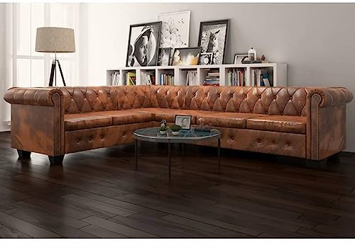 Genérico Ecksofa Chesterfield, 6-Sitzer, Kunstleder, braun, wenjingqi-243618