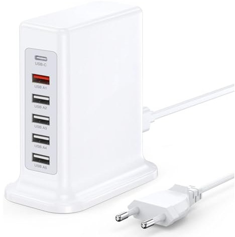 55W 6 Ports USB Chargeur Multiple, Station de Charge USB GaN 6-en-1 pour iPhone 16/15/14/13, Samsung S25/S24/S23/S22, Google Pixel, Chargeur Universel pour Téléphones et Tablettes