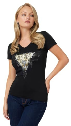 Guess Damen-T-Shirt, kurzärmelig, Triangel-Tiger, Schwarz (Jet Black), X-Klein