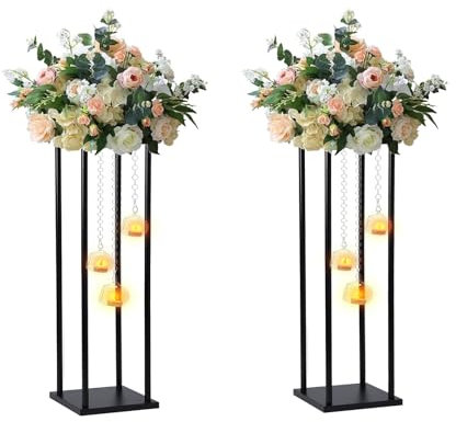 Rechteckige Metall-Blumenständer mit hängendem Glaskugel, Terrarium, Teelichthalter, multifunktionaler geometrischer Säulenrahmen, Tafelaufsatz (schwarz, 2 Stück, 64 cm)