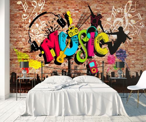 Fototapete 3D Tapete Music Brick Wall Graffiti Tapeten Vliestapete Wandbilder Wanddeko Wandtapete -S040-380cmx255cm