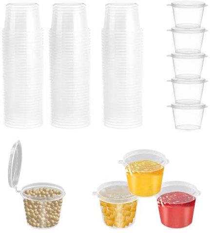 SKJAXF 100Pcs Small Plastic Containers with Lids, 25ml Jelly Pots, Sauce Pots, Circular Food Containers, Reusable for Dipping Tomato Salad Dressing