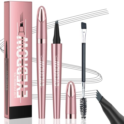 Eyebrow Pencil, Microblading Eyebrow Pen, Waterproof Liquid Brow Pencils with 4 Micro-Fork Tips & Dual-ended Brow Brush, Long-lasting Smudgeproof Precise Brow Pen Creates Natural Hair-Like Brow (Grey)