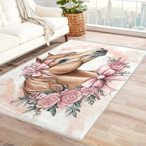 Generisch Pferde Teppich Kinderzimmer - Teppich Wohnzimmer Schlafzimmer Pferd Mädchen, Kleiner Teppich Rosa Blumen, Weich Kurzflor & Waschbar & rutschfest Fussmatte Innen, Kinderteppich 80x150 cm