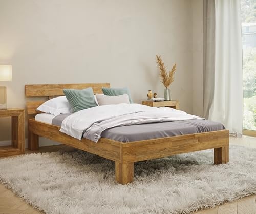 skølm Floki Massivholzbett 120x200 cm aus Eiche - hochwertiges Bettgestell - Bettrahmen mit Bettkopf - Holzbett in Natur geölt - Bett 120x200 cm geeignet als Doppelbett - Futonbett